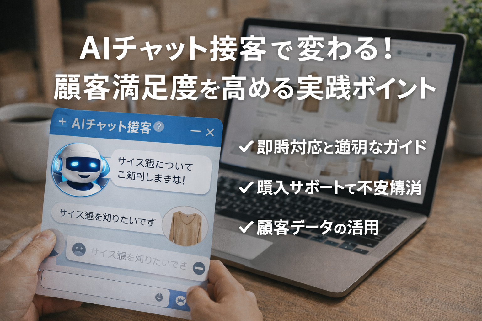 AIチャット接客でECサイトの問い合わせ対応と顧客満足度を高める方法を解説するイメージ