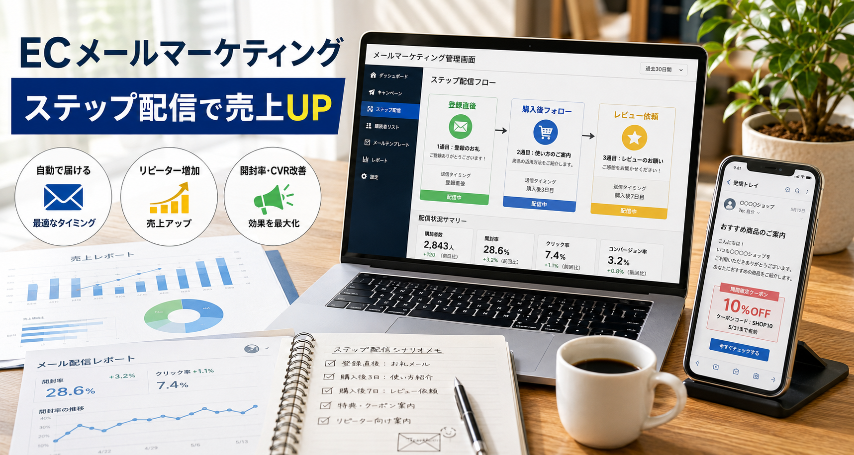 ECメールマーケティングで売上を伸ばすステップ配信と自動化の方法を解説するイメージ