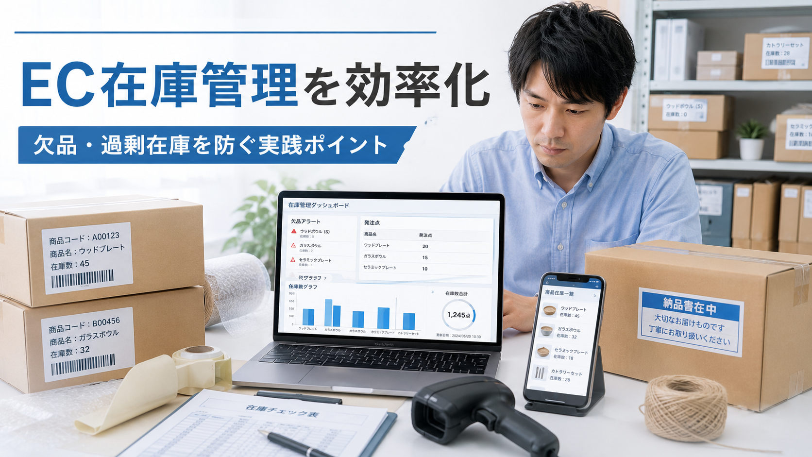 EC在庫管理を効率化して欠品や過剰在庫や発送遅延を防ぐ方法を解説するイメージ