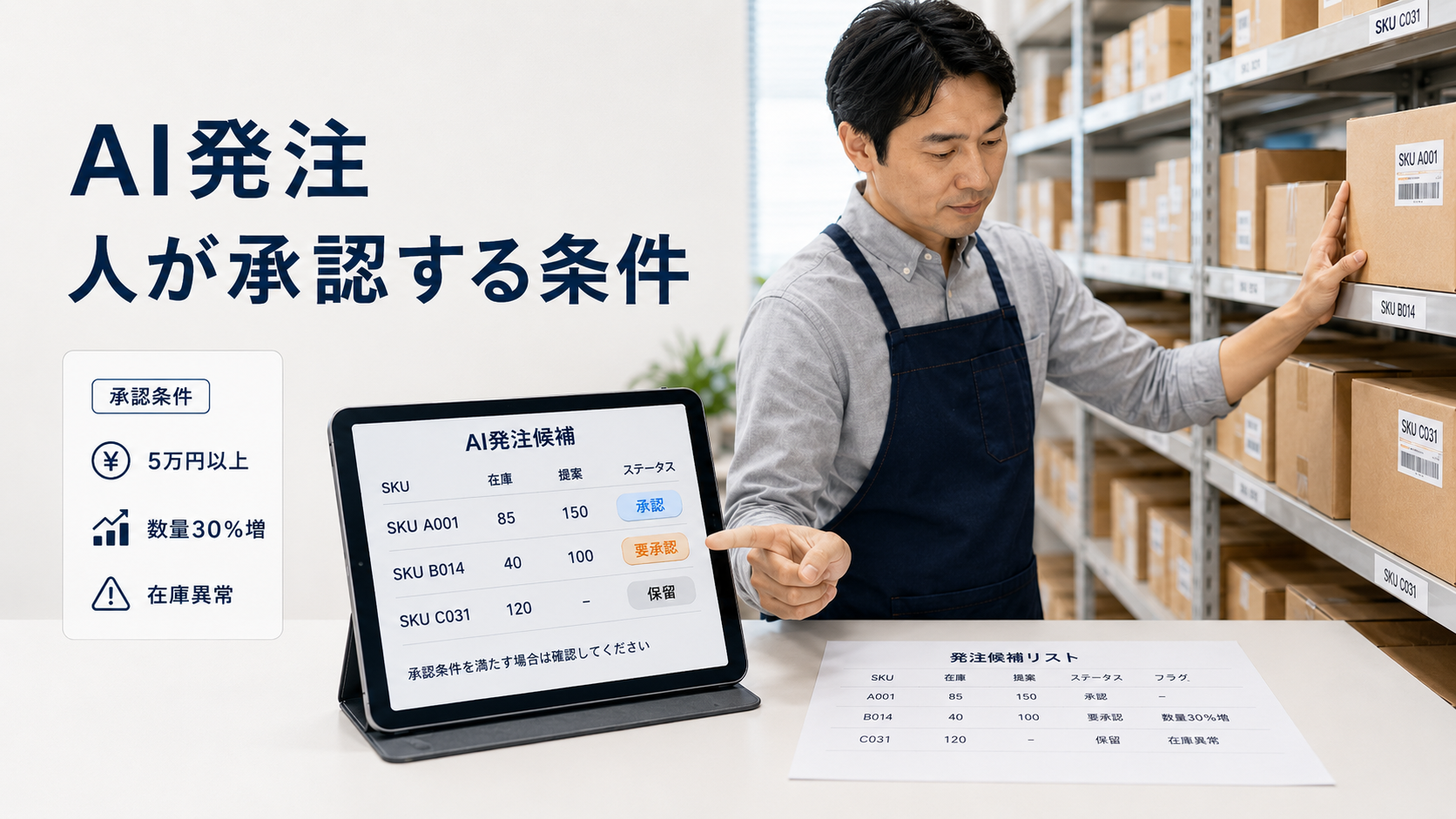 AI発注で在庫監視から承認・発注実行までを分担する流れ