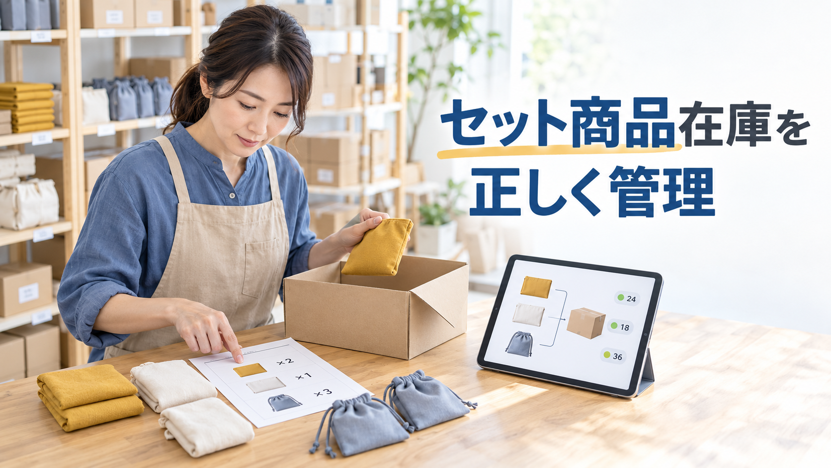 ECセット商品の構成SKUと販売可能在庫を管理するイメージ