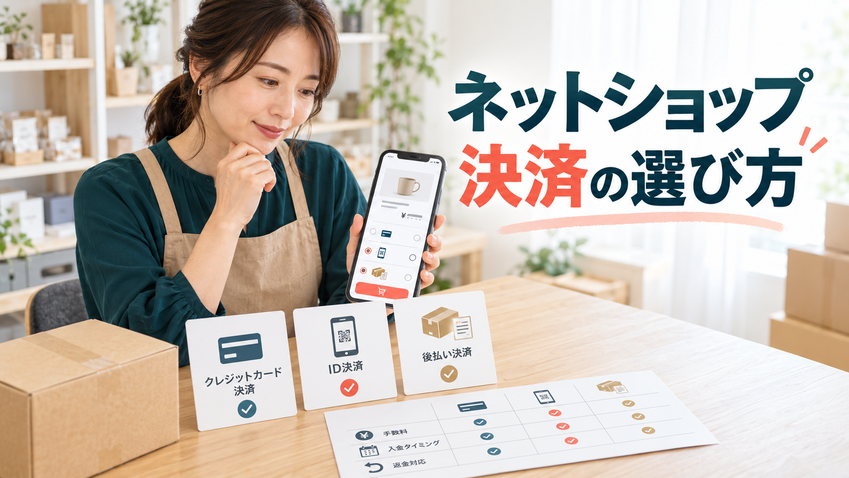 ネットショップの3つの決済導入方式を比較するイメージ